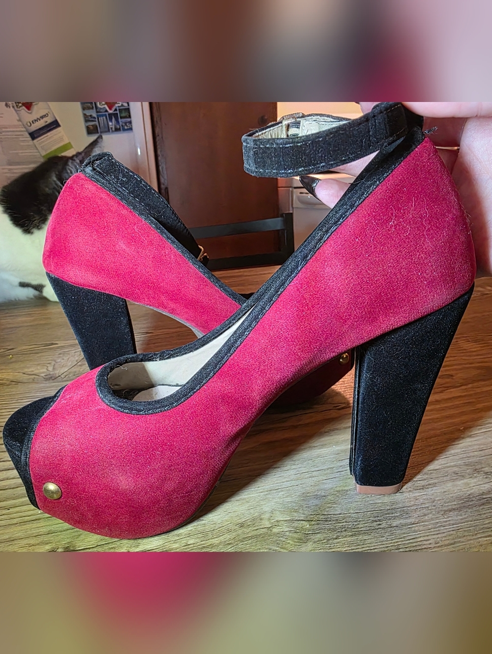 ​✨ STUNNING Burgundy & Black Platform Heels | Peep Toe Ankle Strap | Size 38